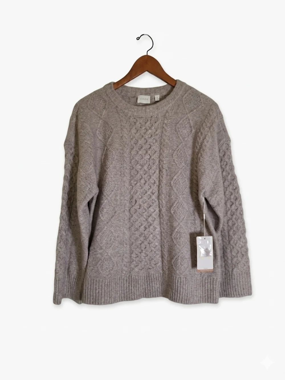 NWT Cyrus Diamond Cable Knit Tan Crewneck Pullover Sweater Size S